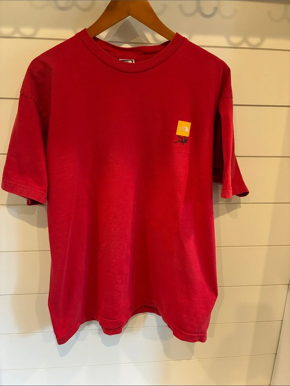The North Face Vintage  Men's Red Short Sleeve Tee with Yellow Logo Patch